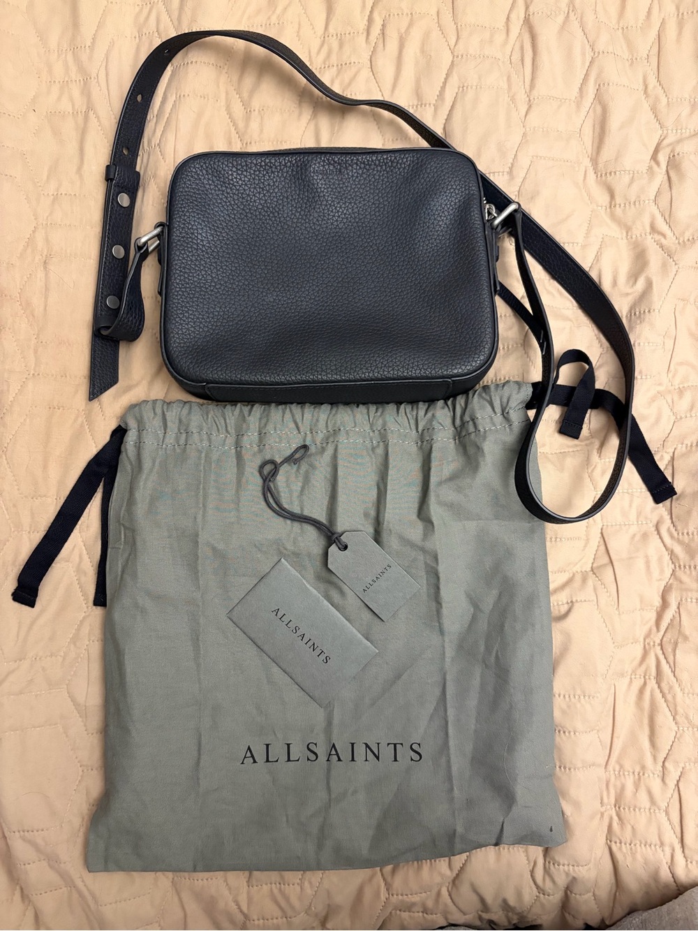 All Saints Black Pebbled Leather Messenger Crossbody